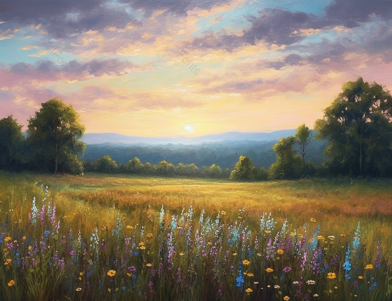 夏日的夕阳下森林的草地上野花花簇雏菊,插画/手绘图,插画/手绘图库,插画/手绘图下载,插画/手绘